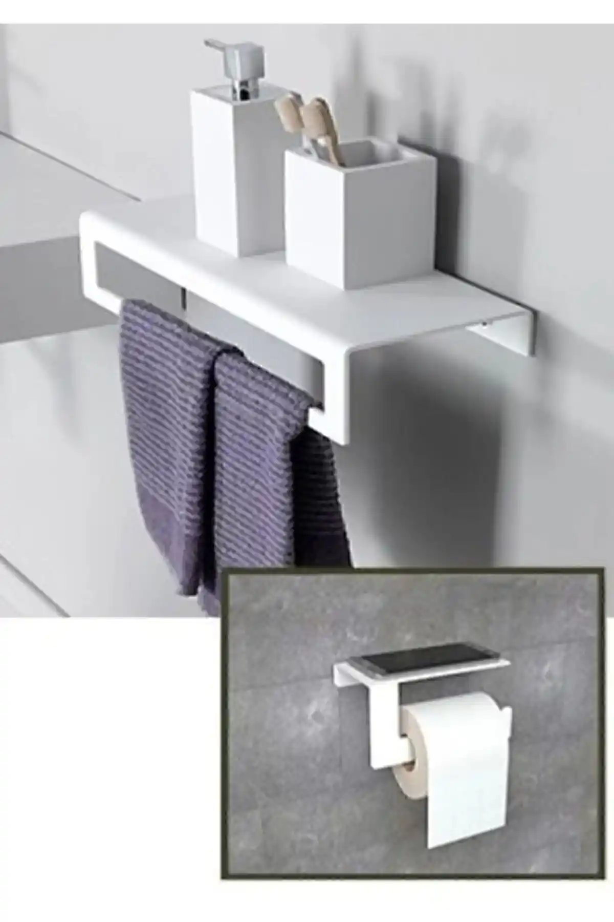 Valör Tasarım Modern Havlu ve Tuvalet Kağıdı Askılık Seti Beyaz Paslanmaz Çelik