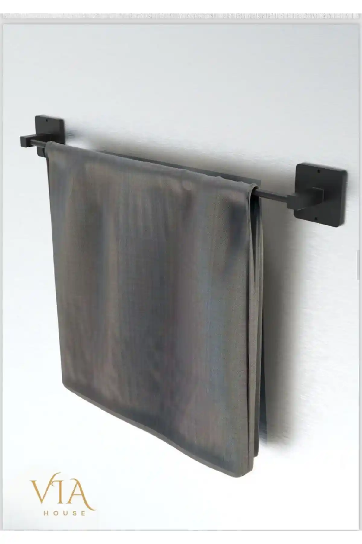 VİE HOUSE Siyah Yapışkanlı Vidalı Uzun Havluluk Modern Banyo Dekorasyonu İçin