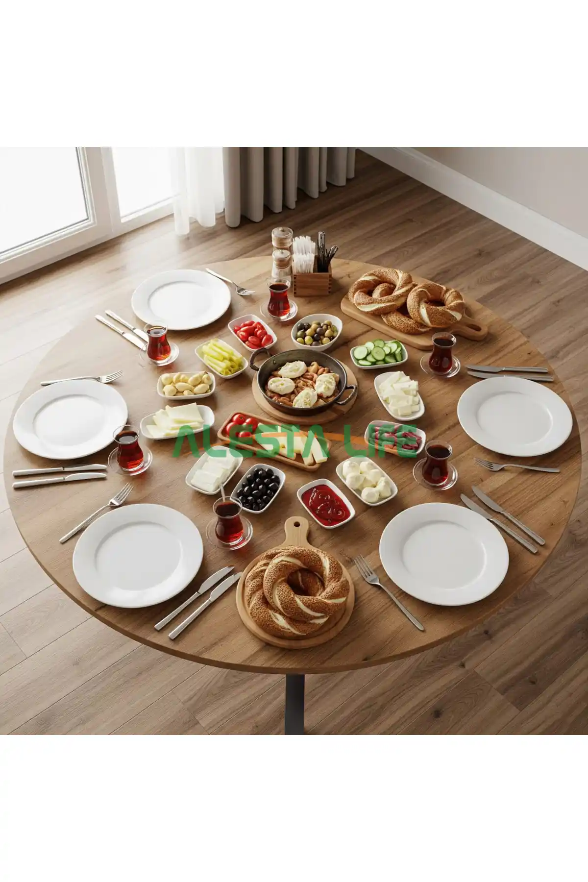 Alesta Life 90 Cm Çap Ahşap Kaplama Katlanabilir Yer Sofrası: Şık ve Dayanıklı Tasarım