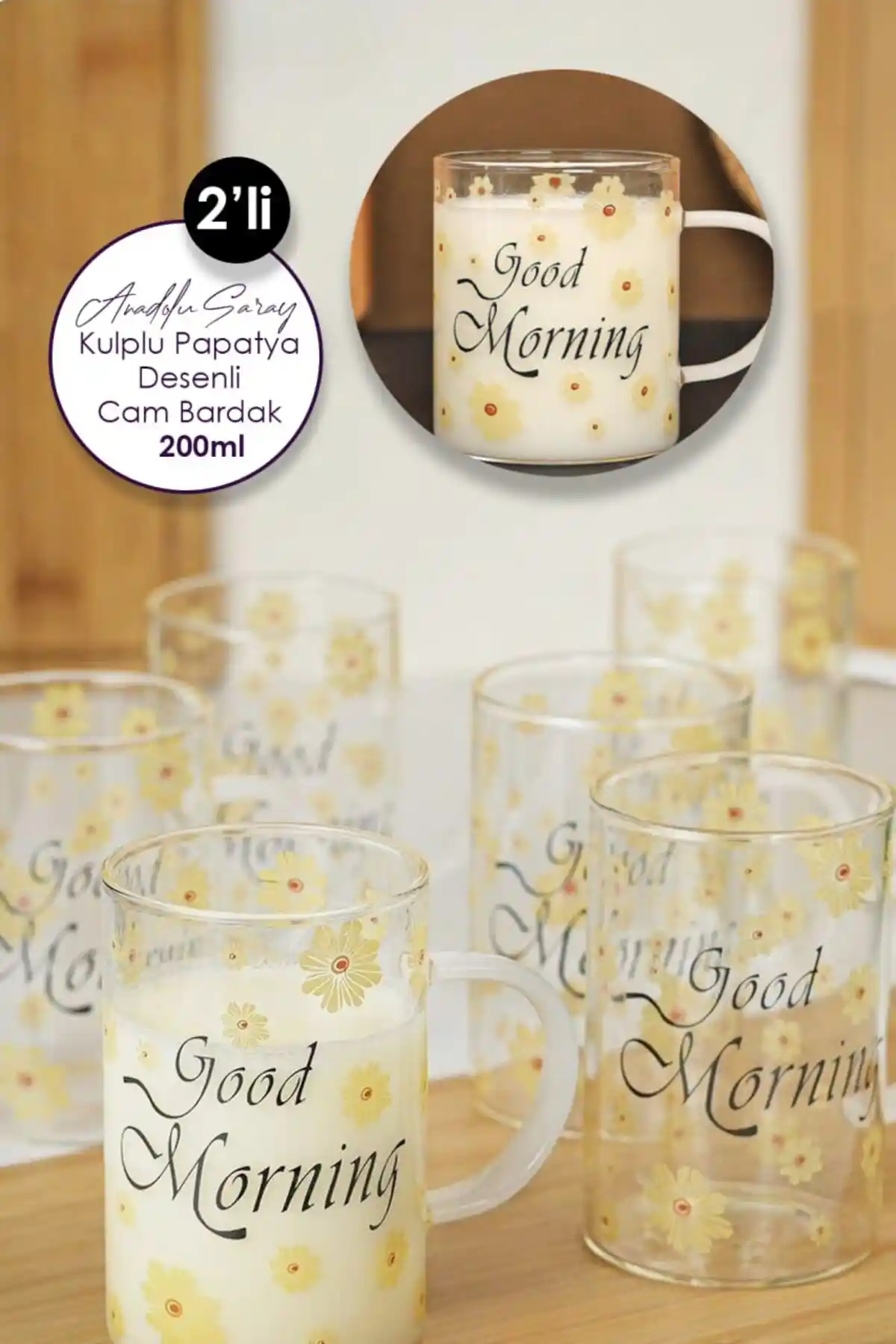 Anadolu Saray 2'li Isıya Dayanıklı Papatya Desenli Cam Bardak Seti