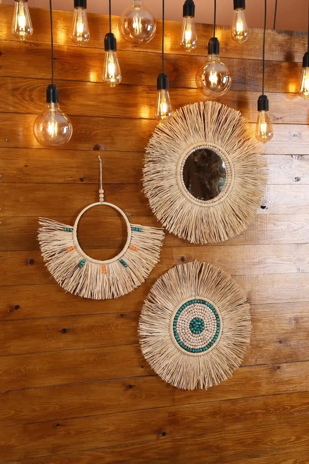 Bohem Tarzında El Yapımı Boncuklu Rafya Ayna ve Duvar Süsü Dekorasyon Parçası