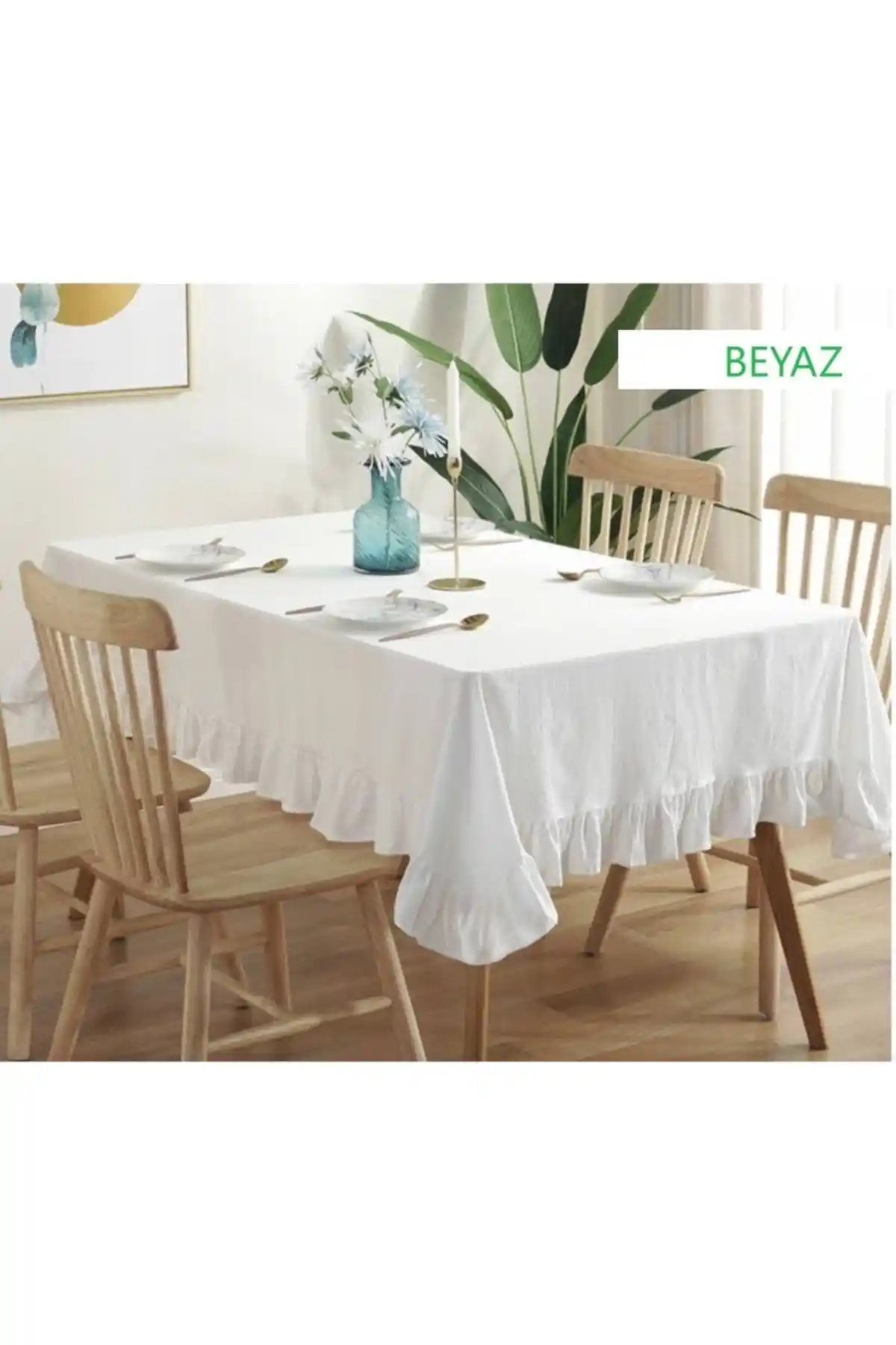El Yapımı Beyaz Fırfırlı Doğal Keten ve Pamuk Masa ve Koltuk Örtüsü