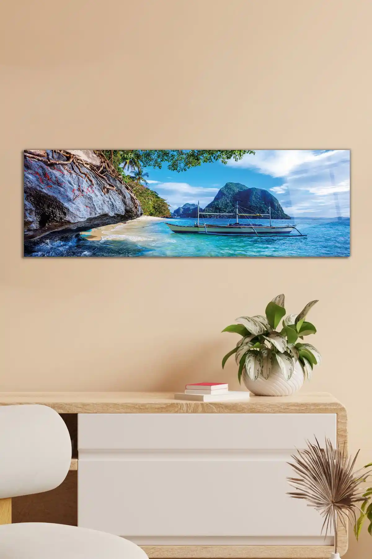 Filipinler Sahil Manzaralı Panoramik Cam Tablo Modern ve Şık Dekorasyon Seçeneği
