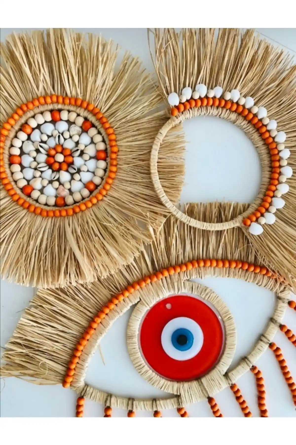 Kara.Shome Rafya Deniz Kabuklu 3'lü Duvar Aksesuarı Doğal ve Estetik İç Mekan Dekoru