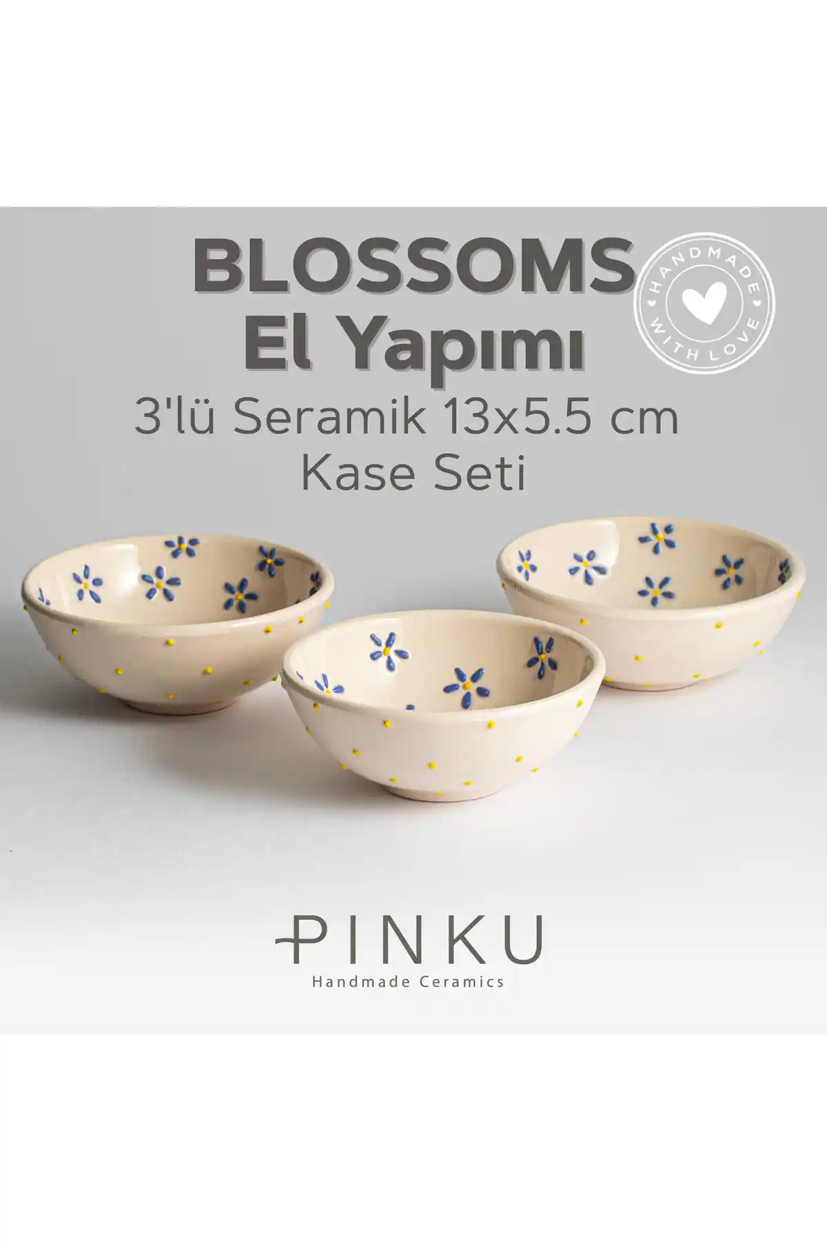 Pinku Ceramics Blossoms El Yapımı Seramik 3'lü Kase Seti Zarif ve Çok Yönlü Kullanım İçin