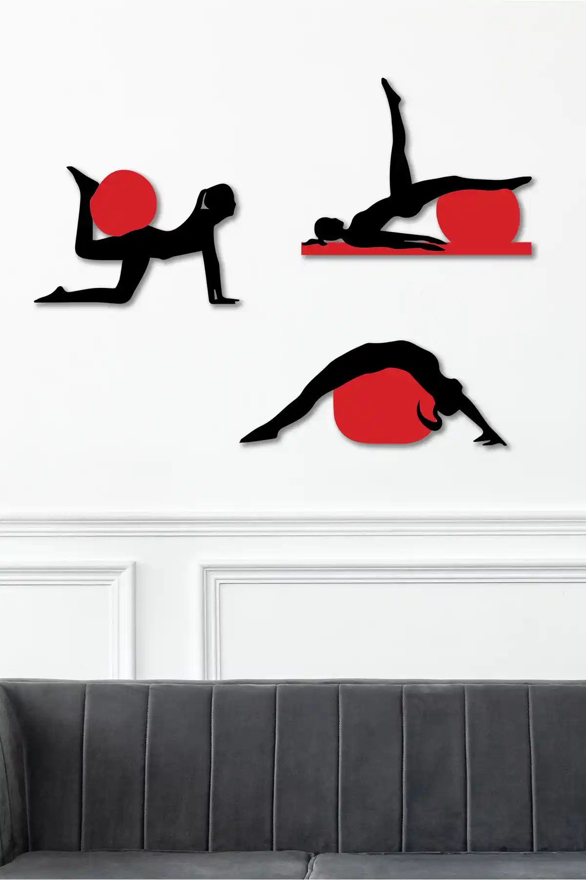 To Design Lab Pilates Temalı Kırmızı Siyah Dekoratif 3'lü Tablo Seti Modern ve Şık Tasarım