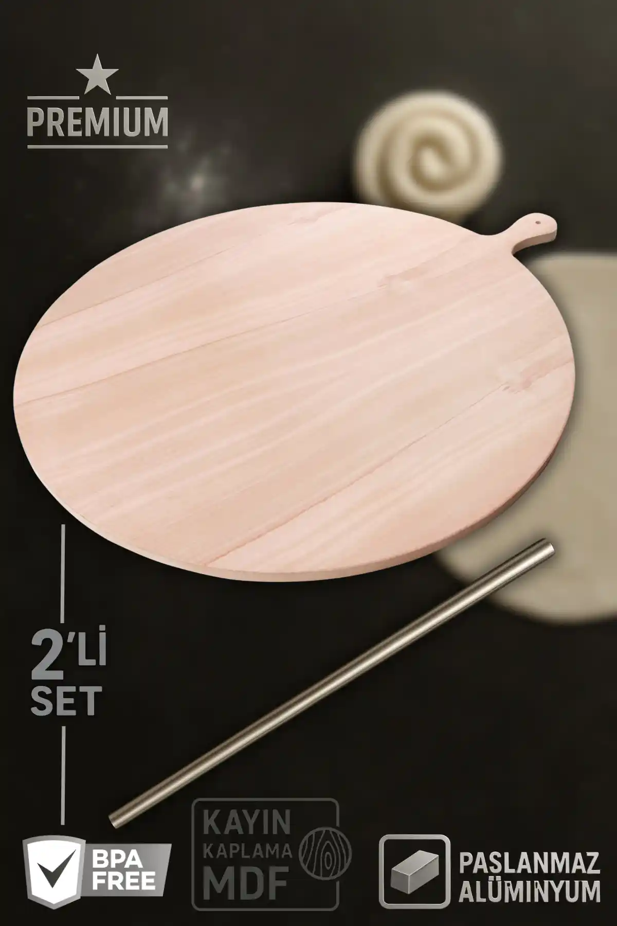 Ülgenev 60 cm Kayın Ağacı Hamur Açma Tahtası ve Hafif Alüminyum Oklava Seti