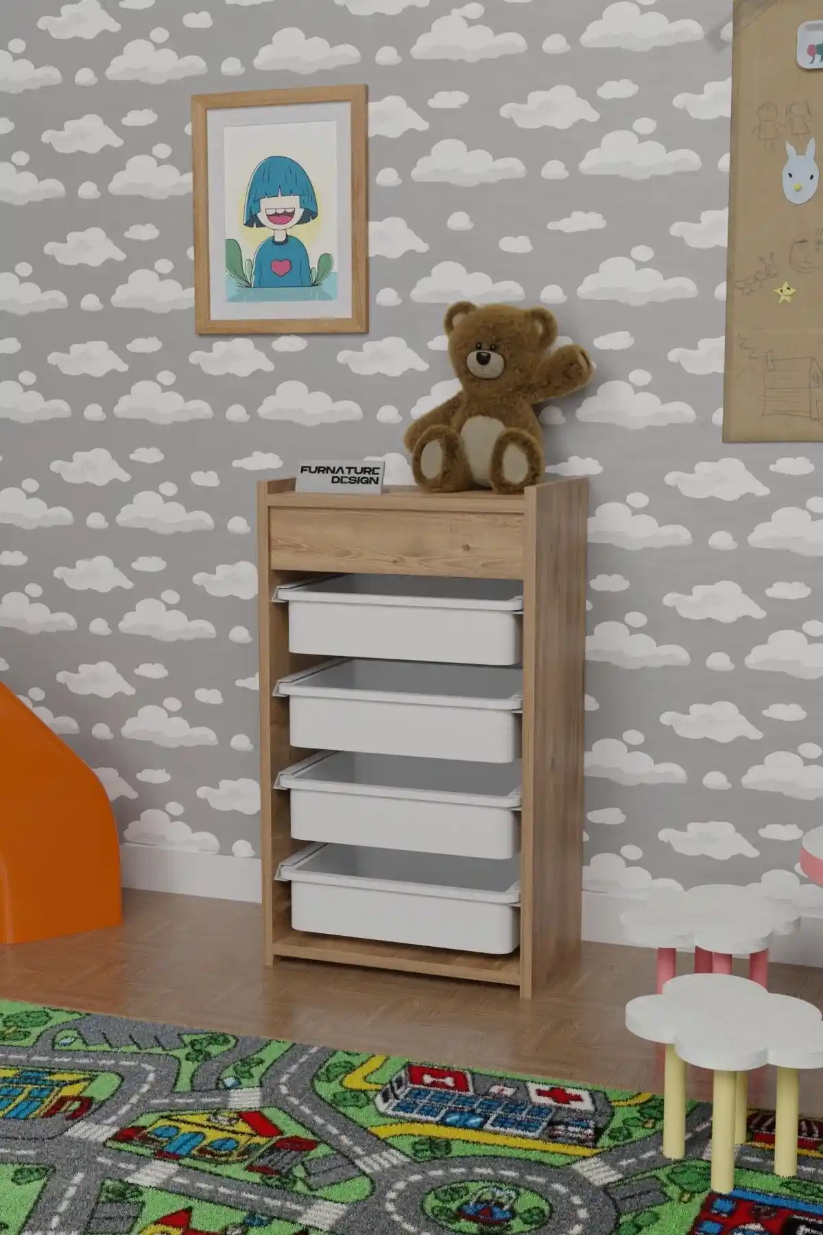 FurnatureDesign Beyaz ve Gri 4 Sepetli Oyuncak Dolapları Karşılaştırması