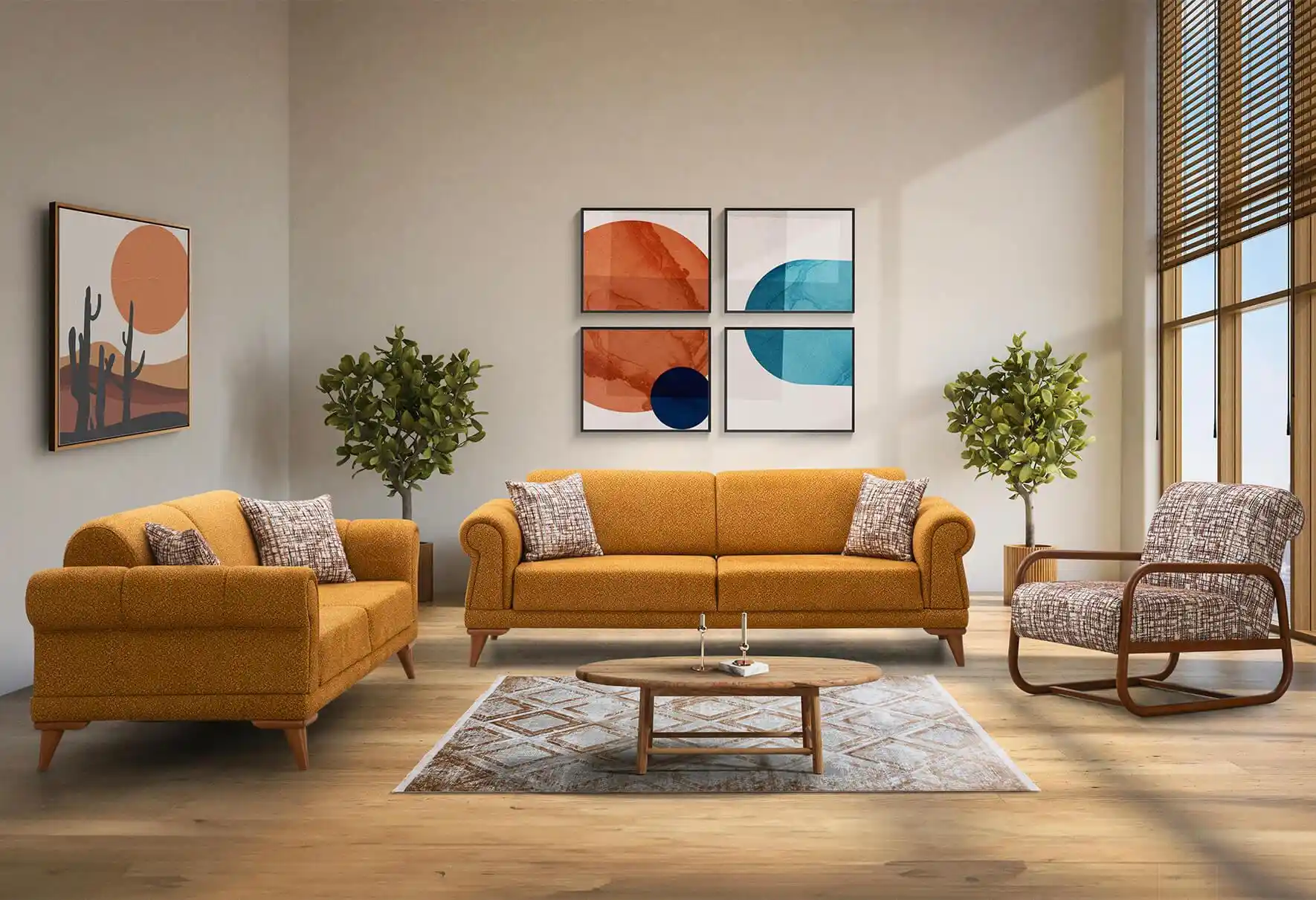 Hardal Renkli Koltuk Takımıyla Modern ve Şık Oturma Odası Dekorasyonu