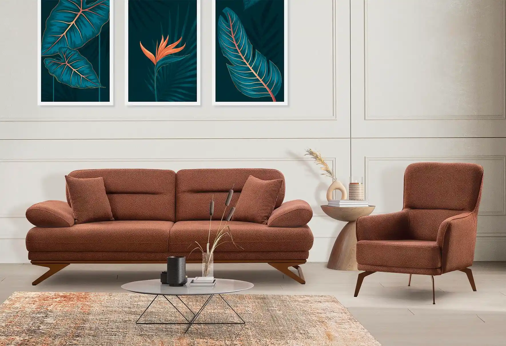 Kiremit Renkli Koltuk Takımıyla Modern ve Sıcak Dekorasyon Fikirleri