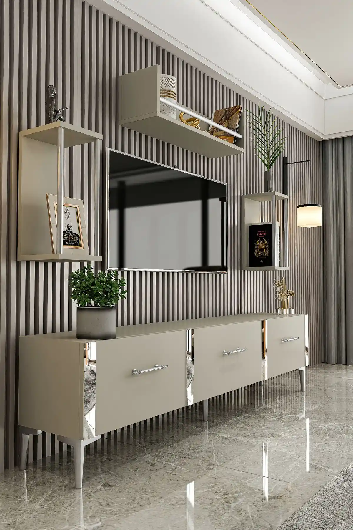 Kum Beji Renkli TV Ünitesi ile Dekorasyonunuza Zarif ve Fonksiyonel Dokunuşlar