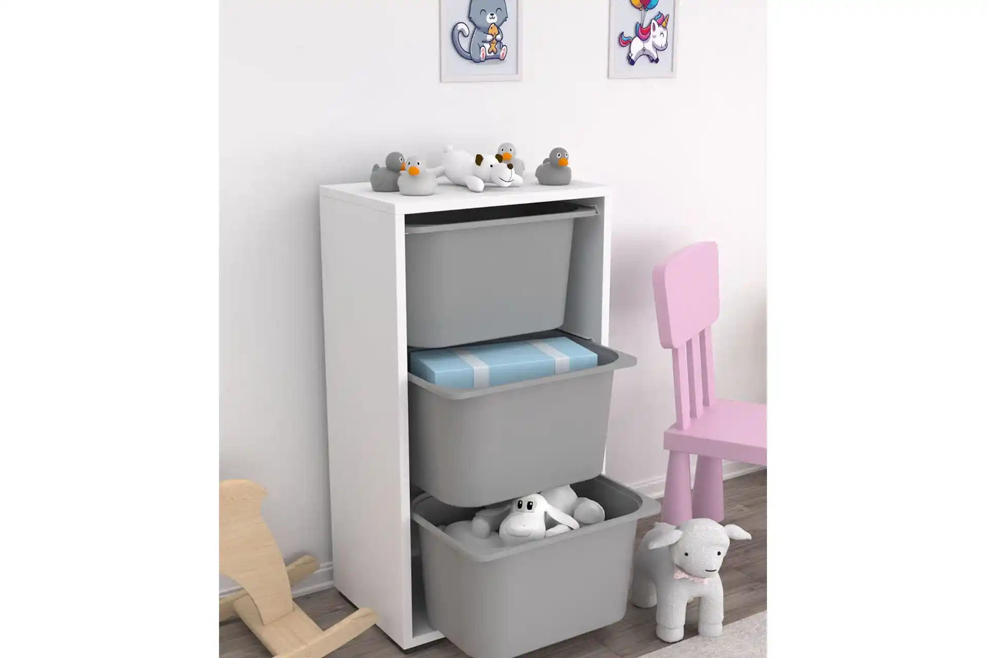 Çocuk Odaları İçin Fonksiyonel ve Estetik Üç Büyük Sepetli Gri Oyuncak Dolapları