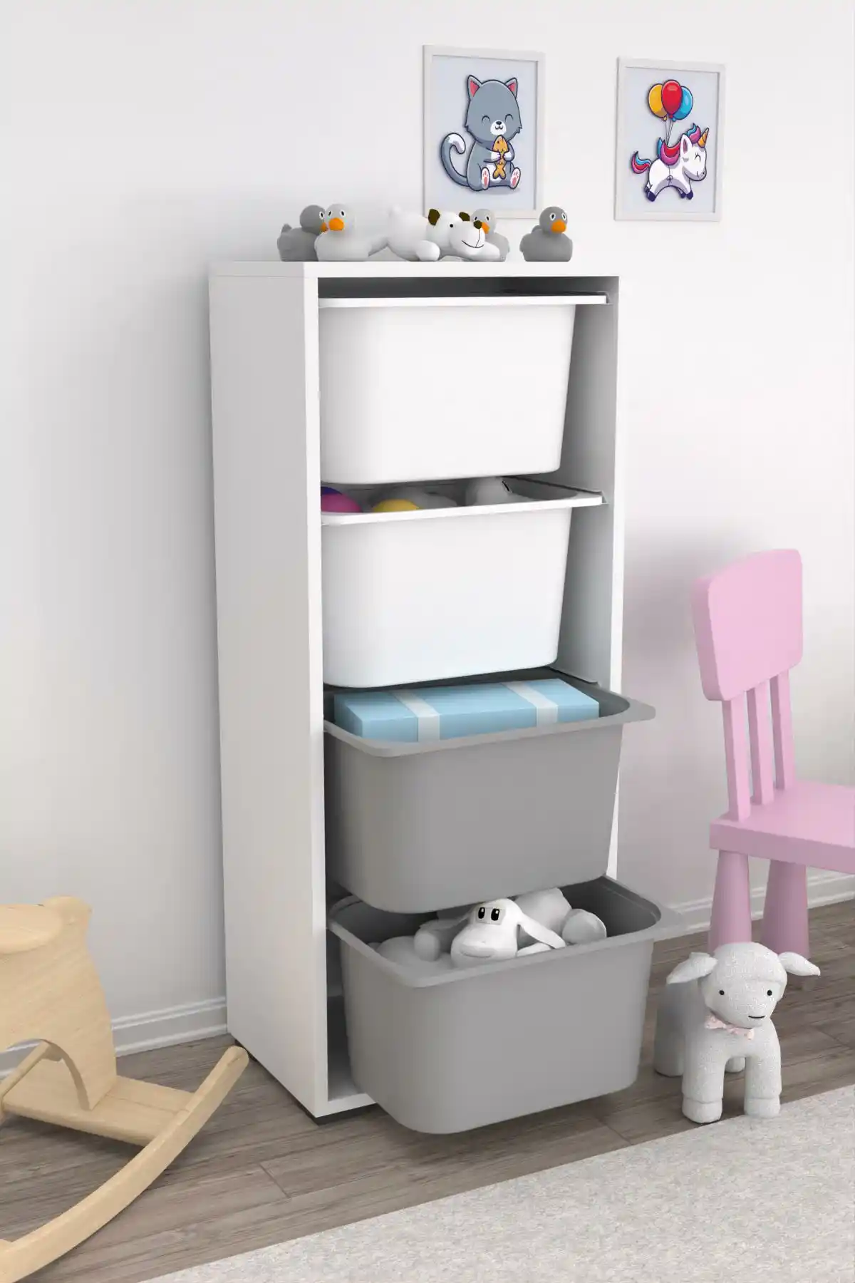 Çocuklar İçin Beyaz ve Gri Oyuncak Dolapları: Estetik ve Güvenli Seçenekler