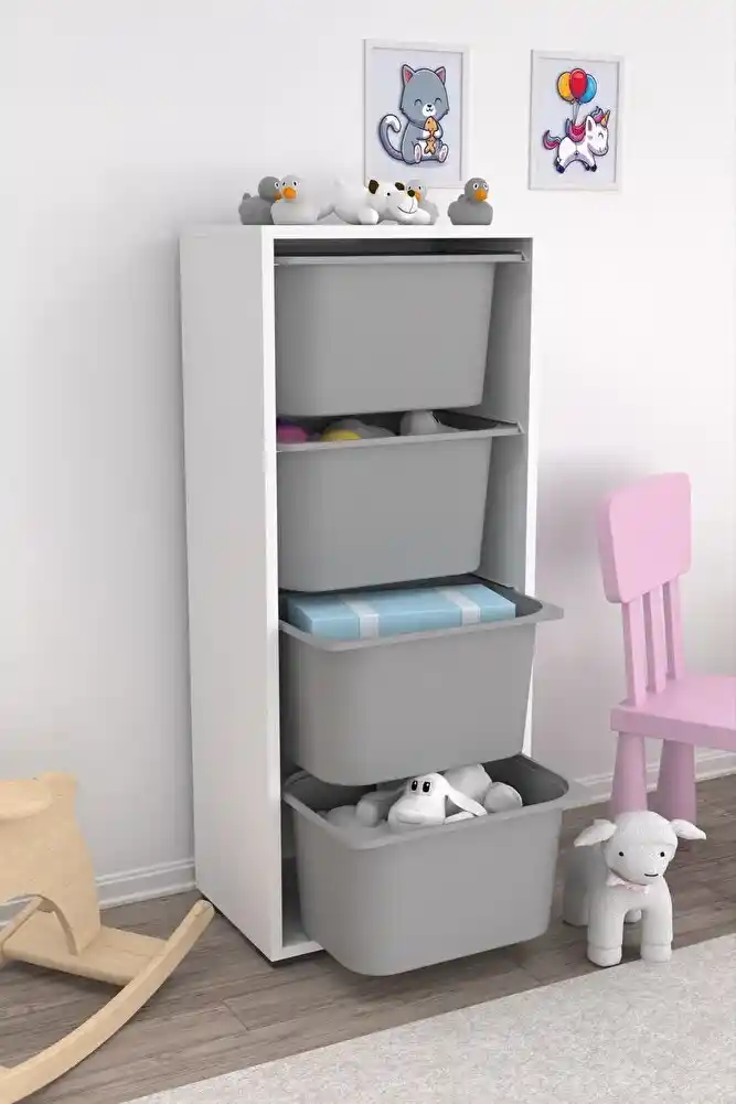 Derin Sepetli Gri Oyuncak Dolabı: İşlevsellik ve Estetiğin Birleşimi Çocuk Odaları İçin