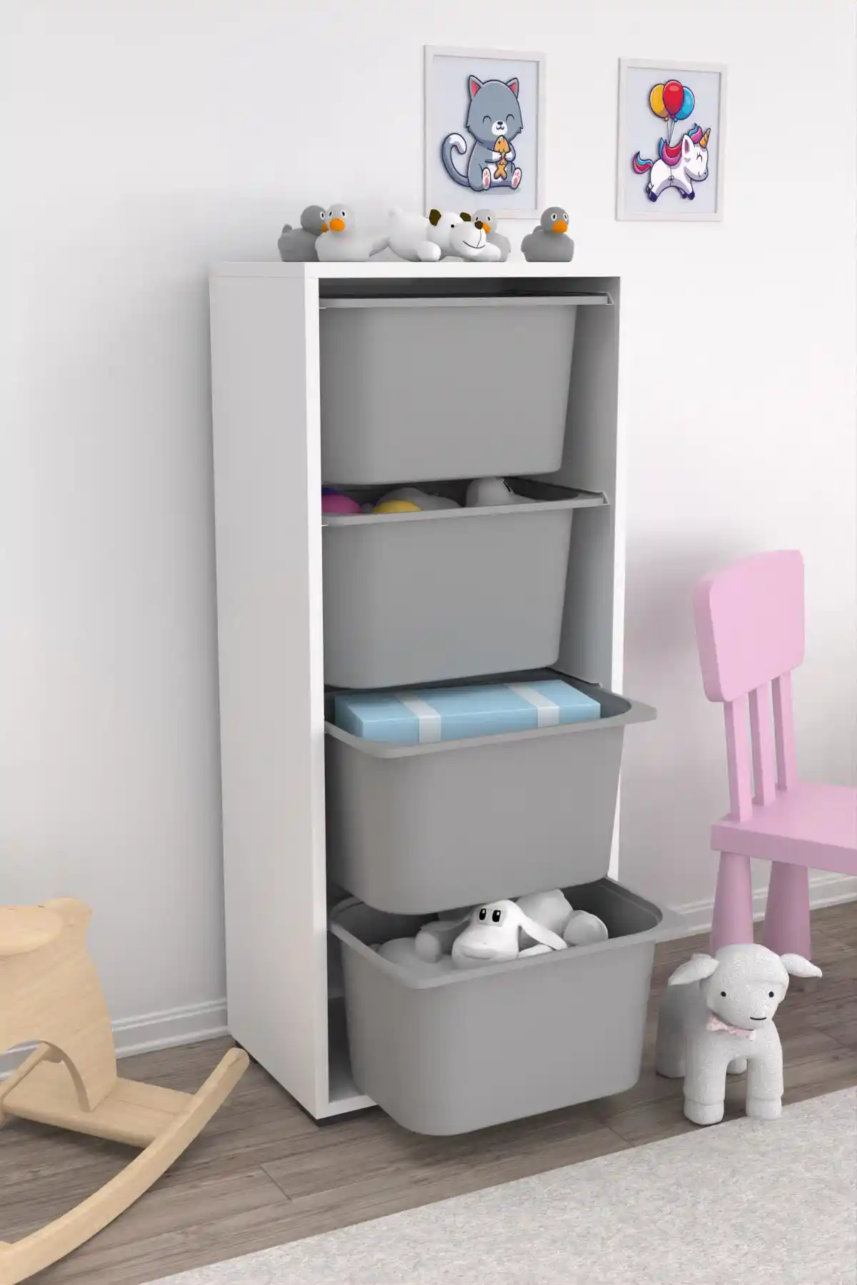 Gri 4 Sepetli Oyuncak Dolapları: İşlevsellik ve Estetiğin Uyumuyla Modern Çözüm