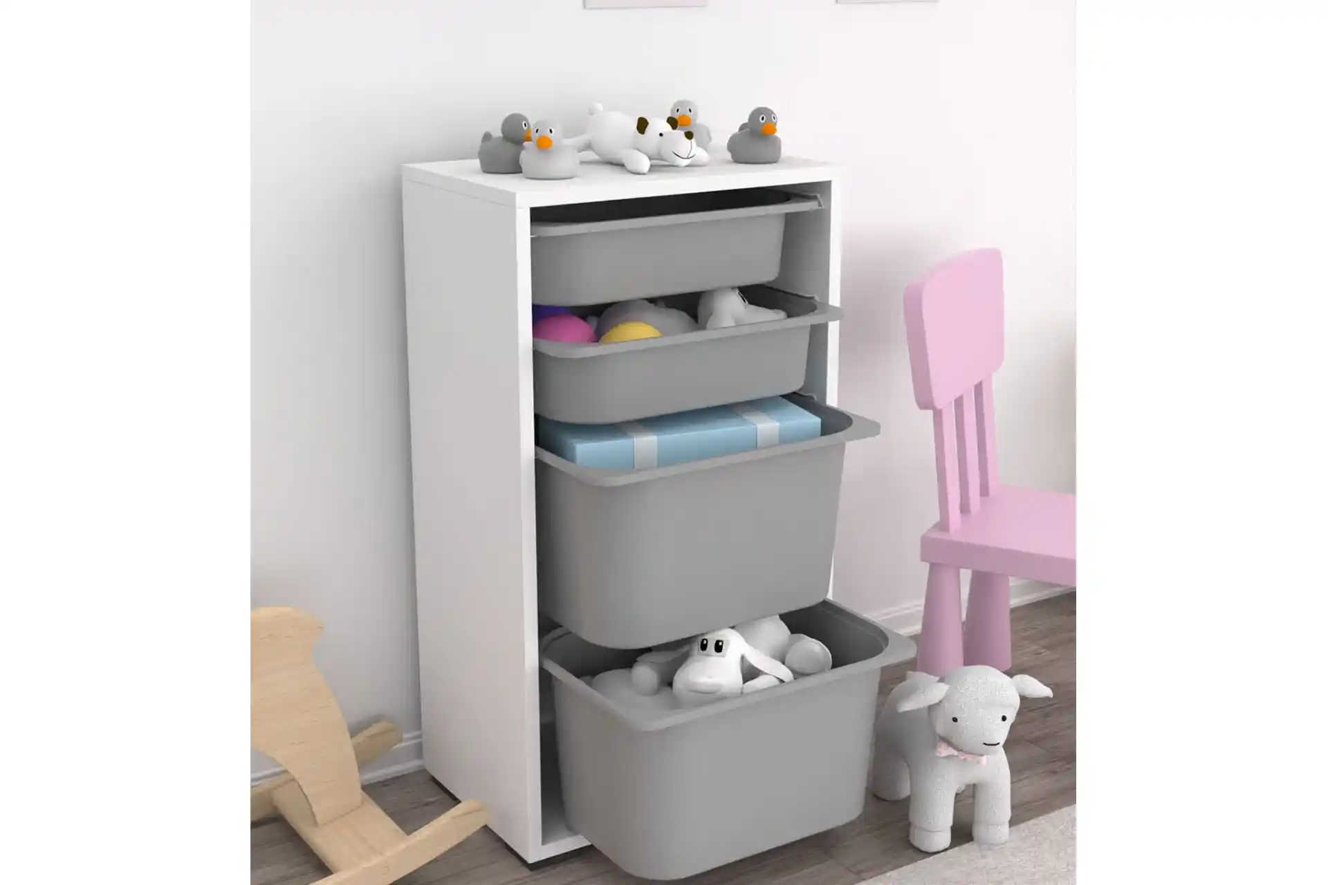 Gri Büyük Sepetli Oyuncak Dolapları ile Çocuk Odası Düzeninde Fonksiyonellik ve Estetik