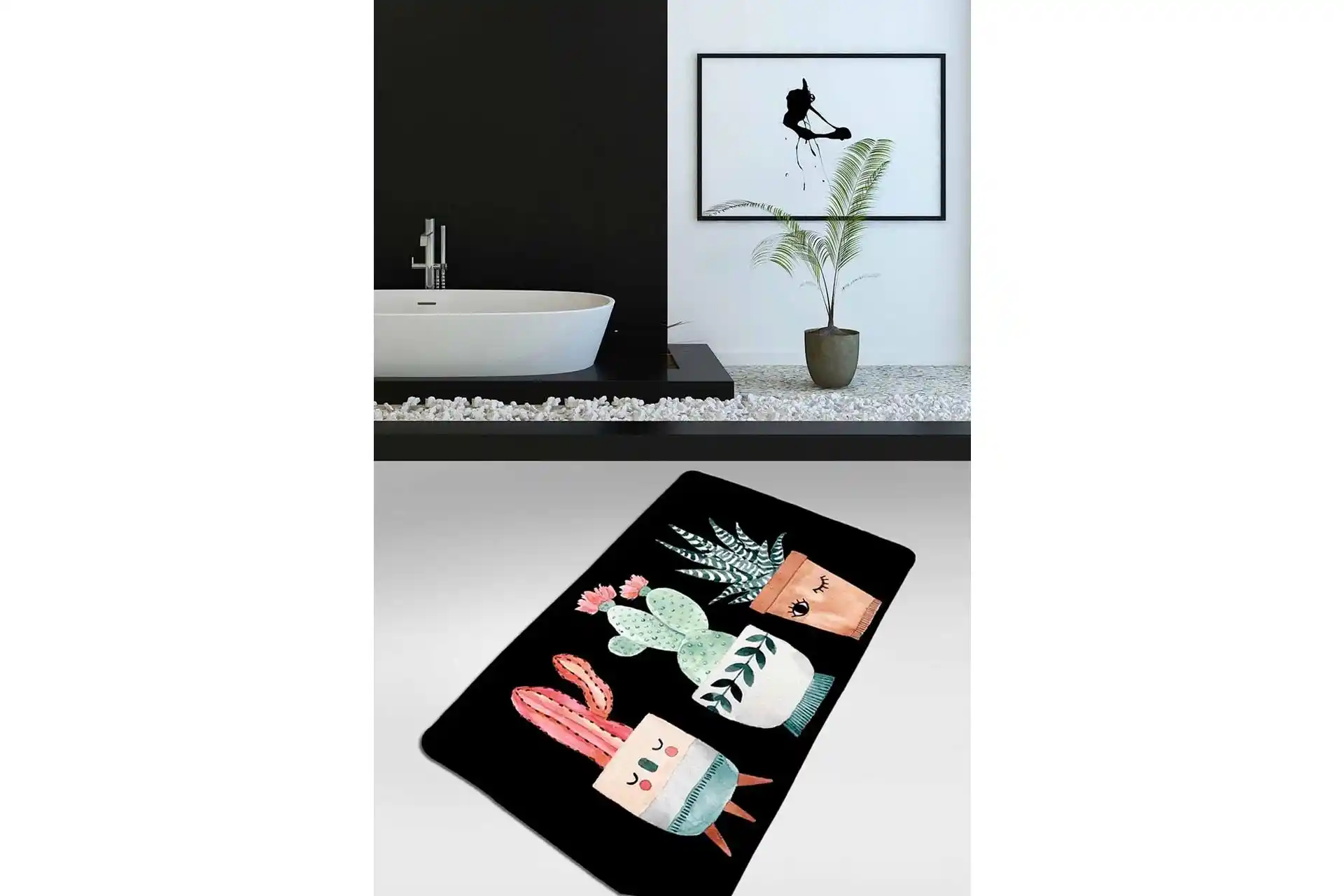 Happy Cactus Baskılı Kaymaz Banyo Paspası Güvenlik ve Estetiği Bir Arada Sunar