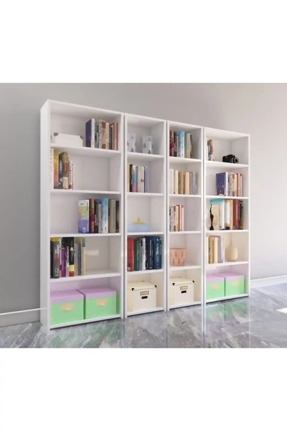Modern ve Fonksiyonel 4'lü Küçük Büyük Arkalıklı Kitaplıklar Dekorasyon İçin Uygun Seçenekler