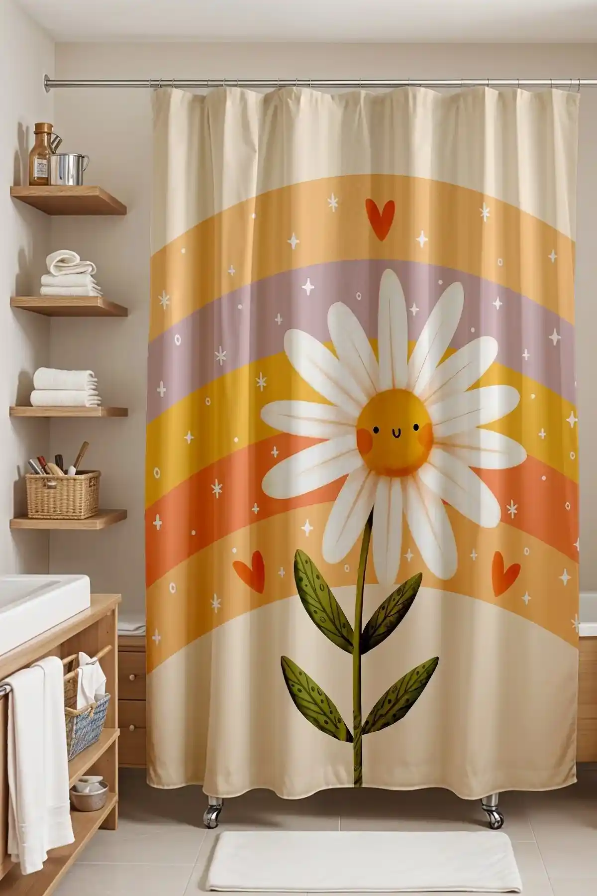 Papatya Desenli Banyo Perdeleri ile Şık ve Dayanıklı Banyo Dekorasyonu