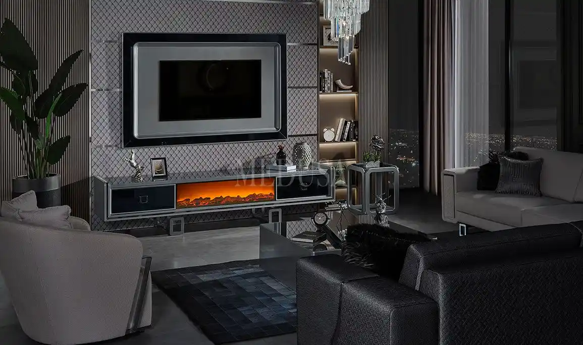 Gri Şömineli TV Ünitesi ile Modern ve Şık Oturma Odası Dekorasyonu