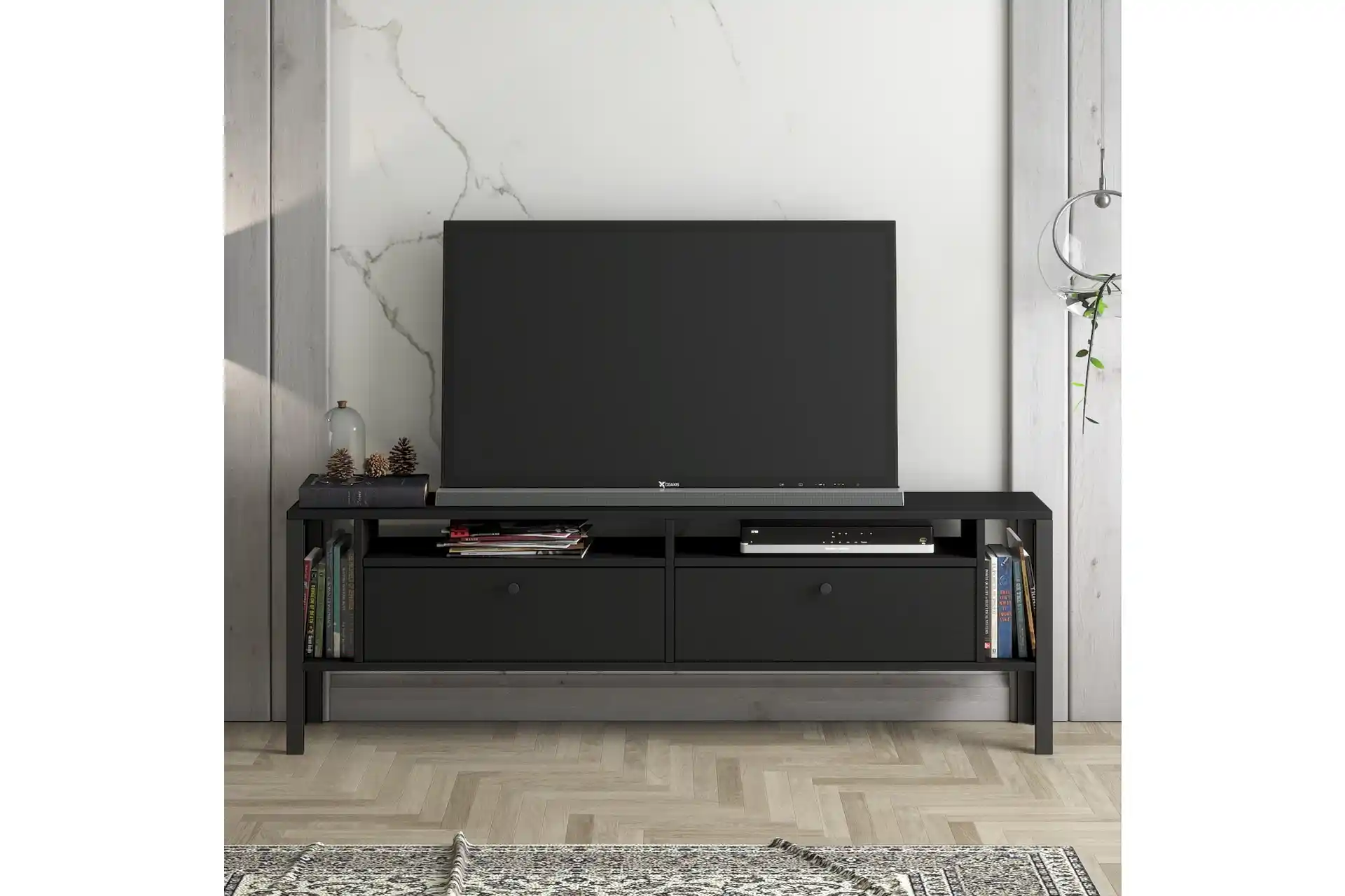 Siyah Metal TV Ünitesi ile Modern Dekorasyonlar ve Şık İç Mekân Tasarımları