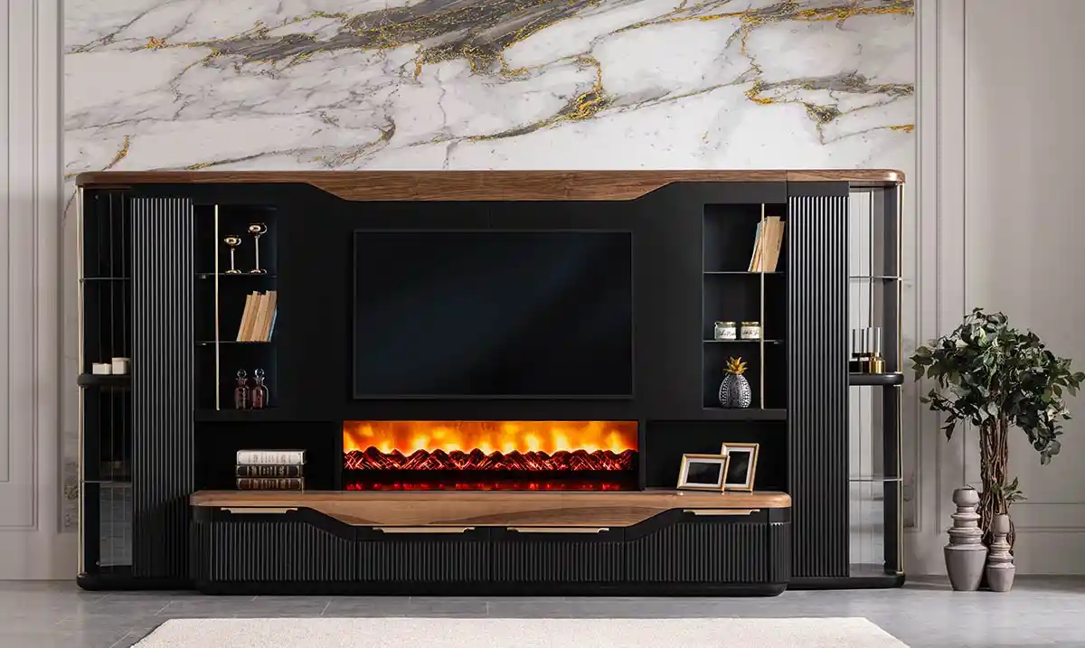 Siyah Şömineli TV Ünitesi ile Modern ve Şık Ev Dekorasyonu Çözümleri