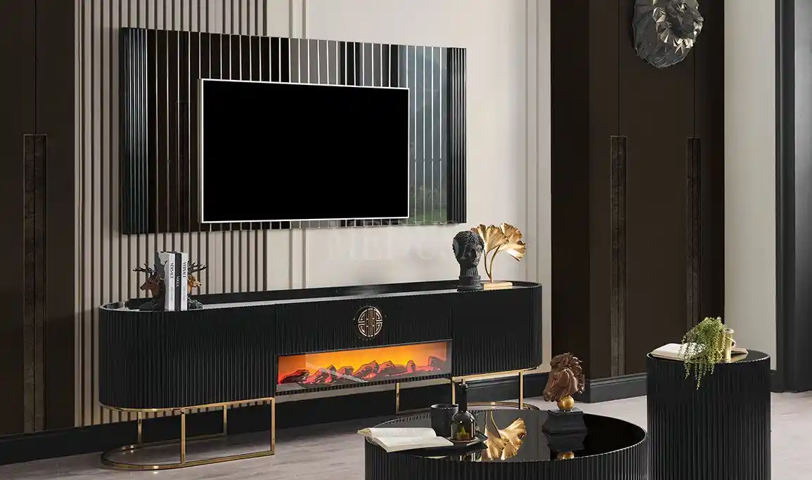 Siyah ve Gold Renkli TV Ünitesi Dekorasyonunda Modern ve Şık Seçenekler