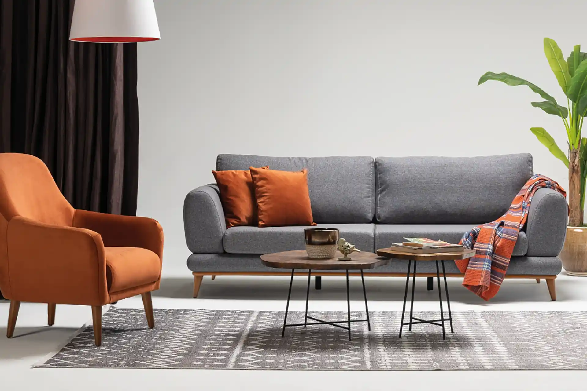 Turuncu ve Gri Renklerle Modern ve Şık Oturma Odası Dekorasyonu Rehberi