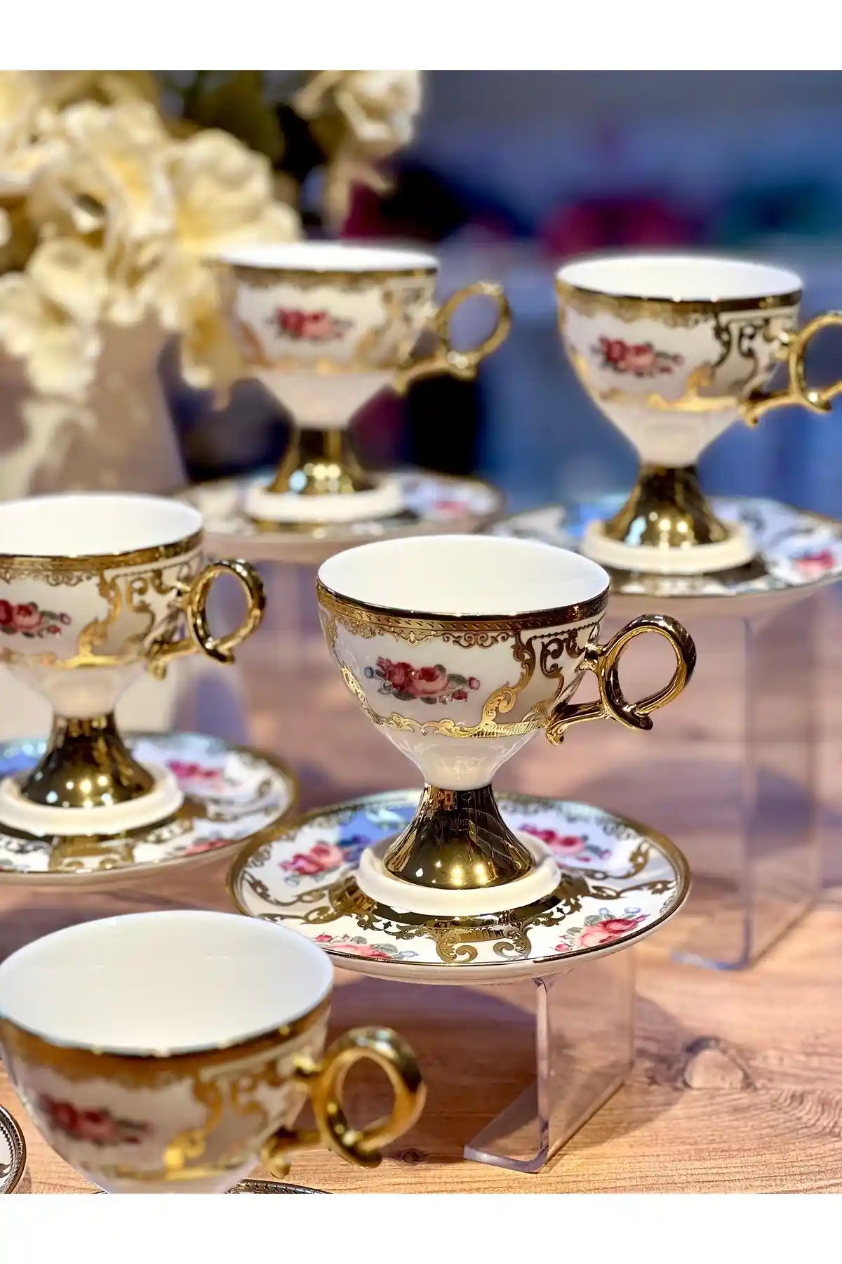 ACAR 6'lı Galina Vintage Gold Ayaklı Kahve Fincan Takımı Şık ve Dayanıklı Tasarım