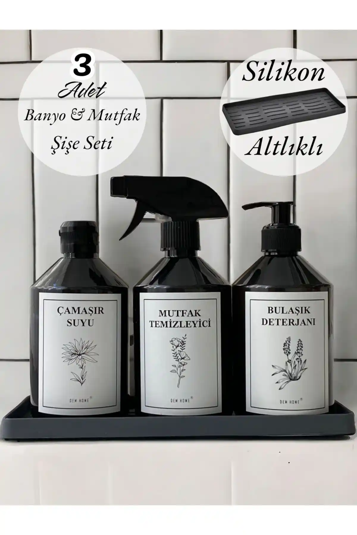Dem Home 3 Lü Şişe Seti ve Silikon Stand: Dayanıklı ve Şık Mutfak Temizlik Çözümü