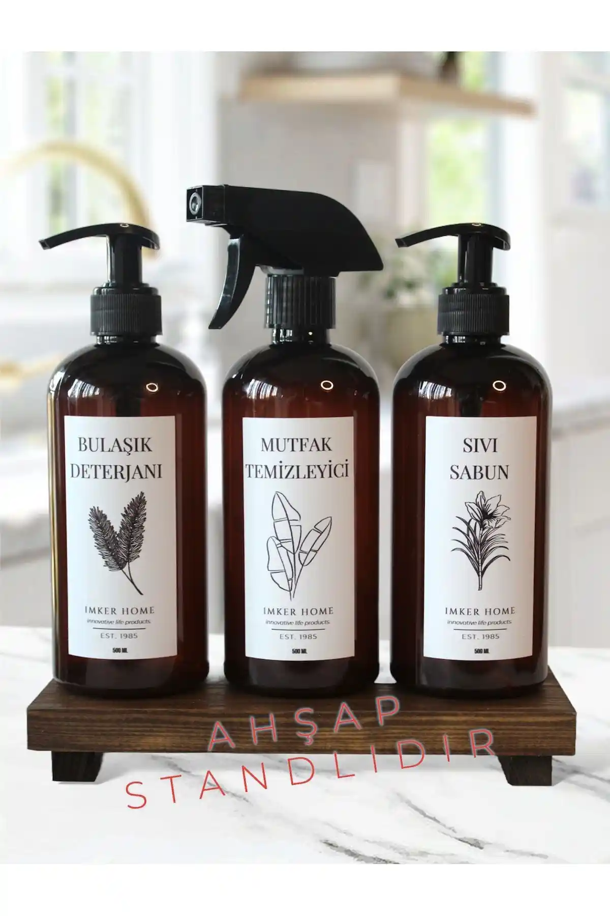 İmker Home Ahşap Stantlı Amber Renk Pompalı Bulaşık Deterjanı Şişesi ve Özellikleri