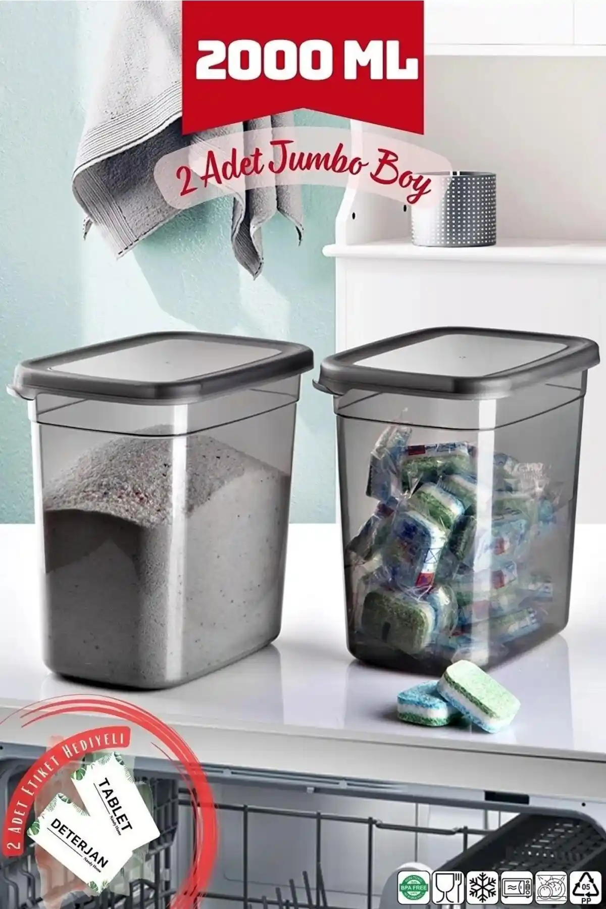 Open Home 2000 ml Jumbo Boy Tablet ve Deterjan Saklama Kabı Seti Sağlam ve Güvenli Kullanım