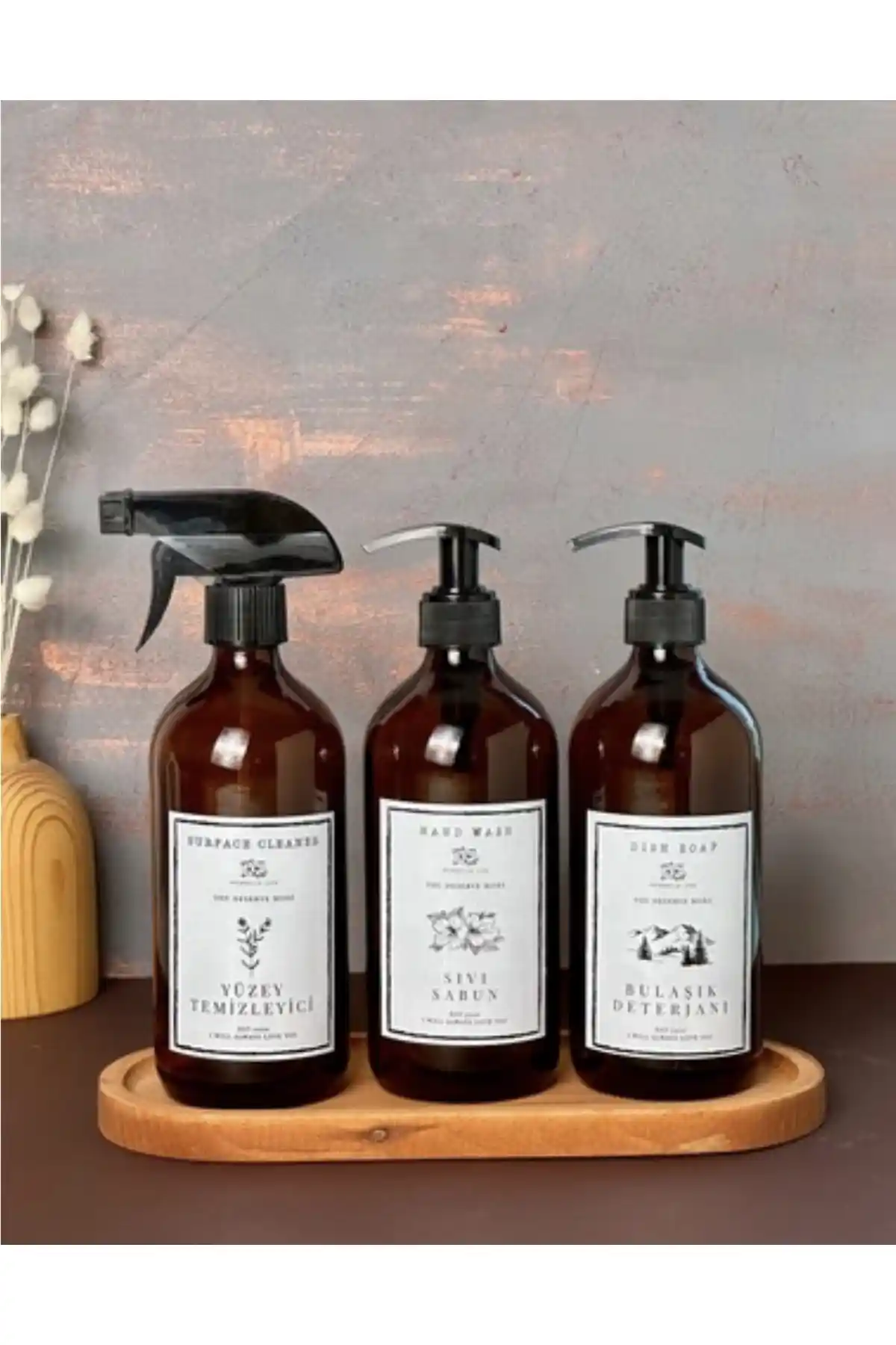 Pembelia Life Ahşap Standlı 3'lü Amber Cam Bulaşık Deterjanı Seti: Estetik ve Fonksiyonellik Bir Arada