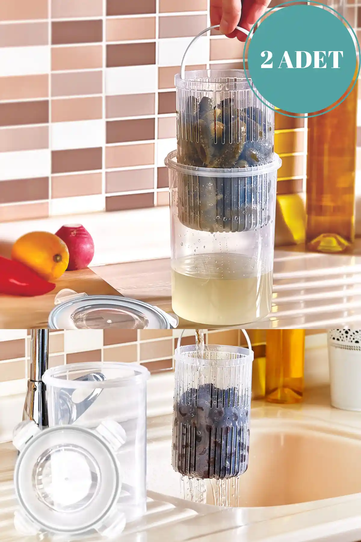 Rapt 2 Adet Süzgeçli Derin Saklama Kabı Seti Gıda Saklama ve Pratik Kullanım İçin