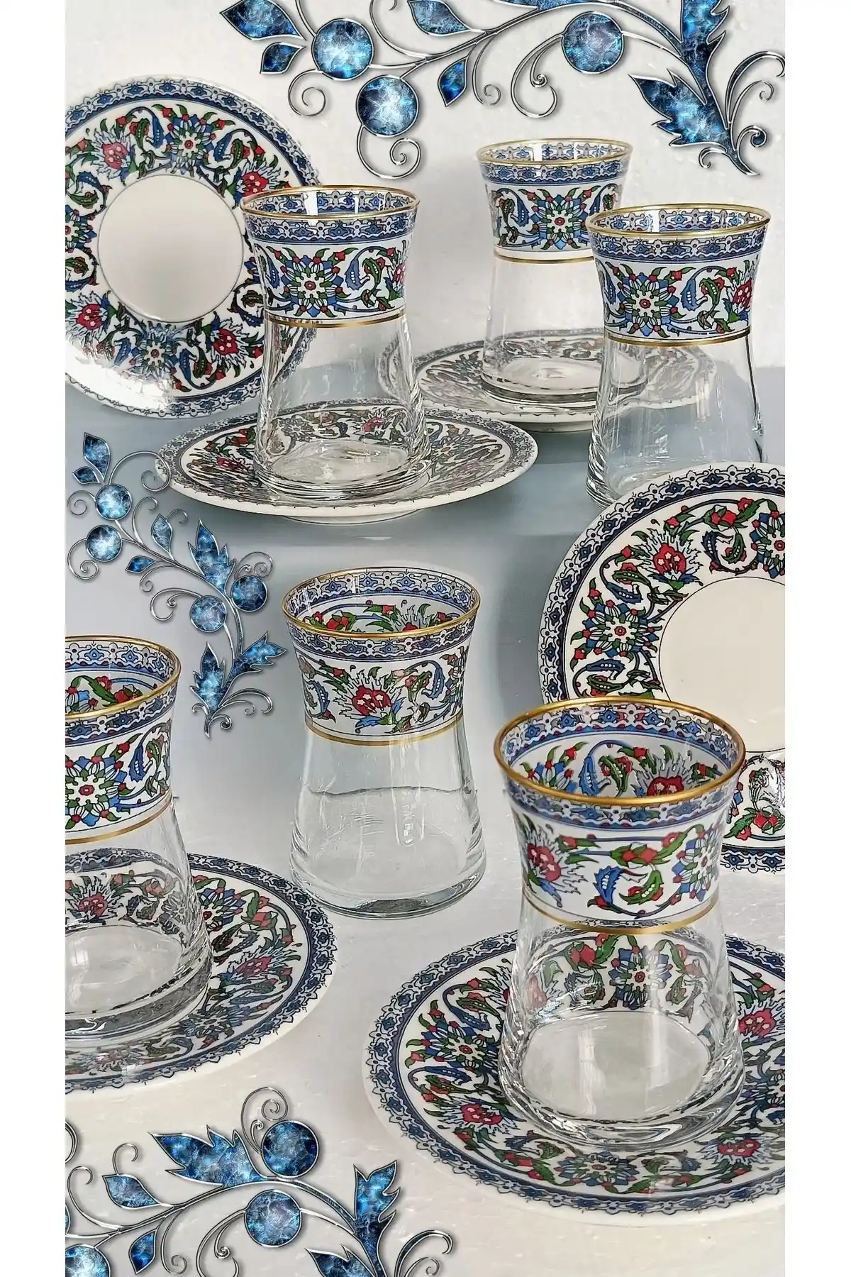 SAMSHA Heybeli Altın Bitkisel Desenli Çini Motifli Porselen ve Çay Seti 12 Parça