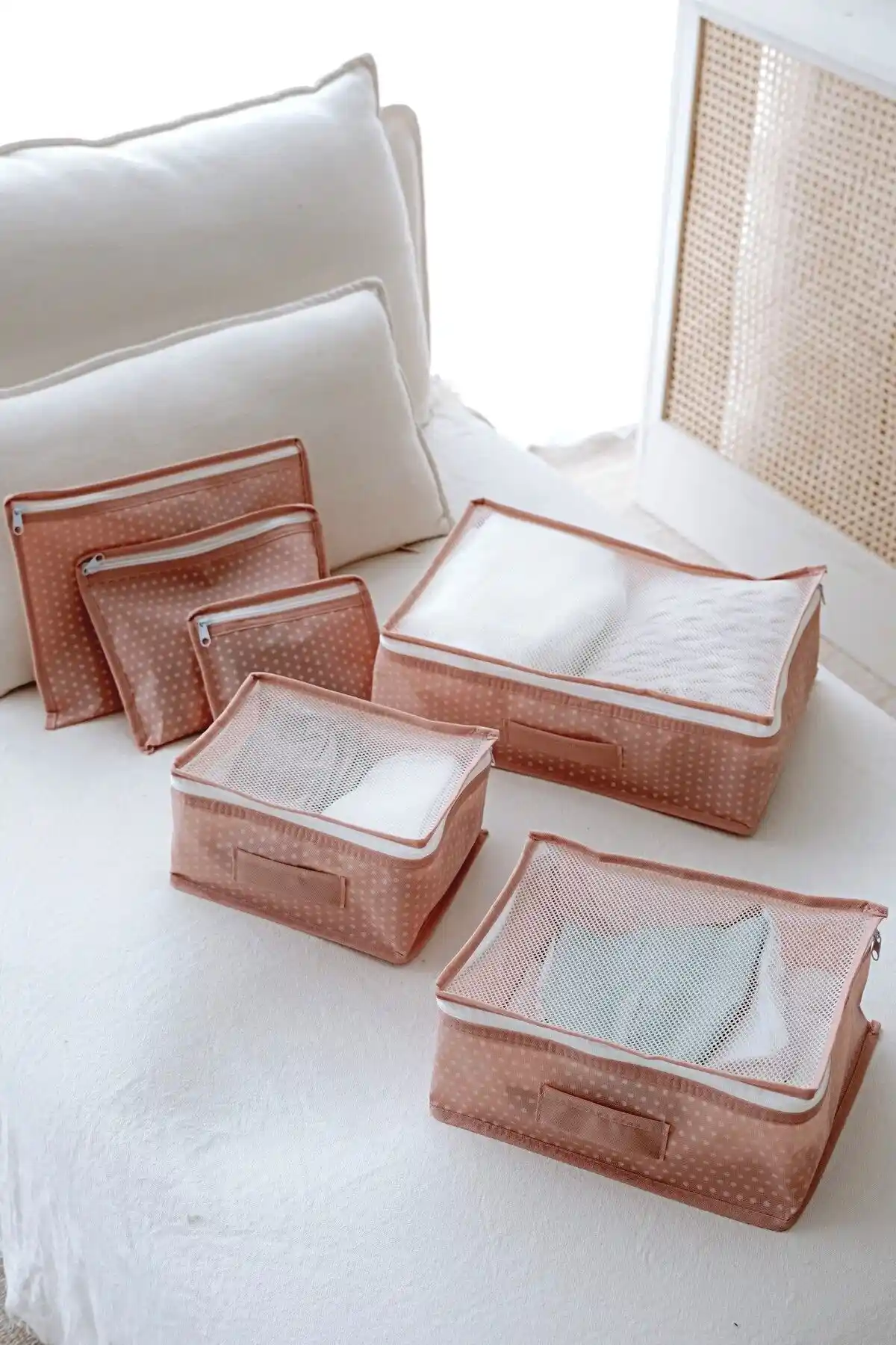 Serstil 6'lı Valiz Düzenleyici Bavul İçi Organizer Seti Pembe Puantiyeli Estetik Tasarım