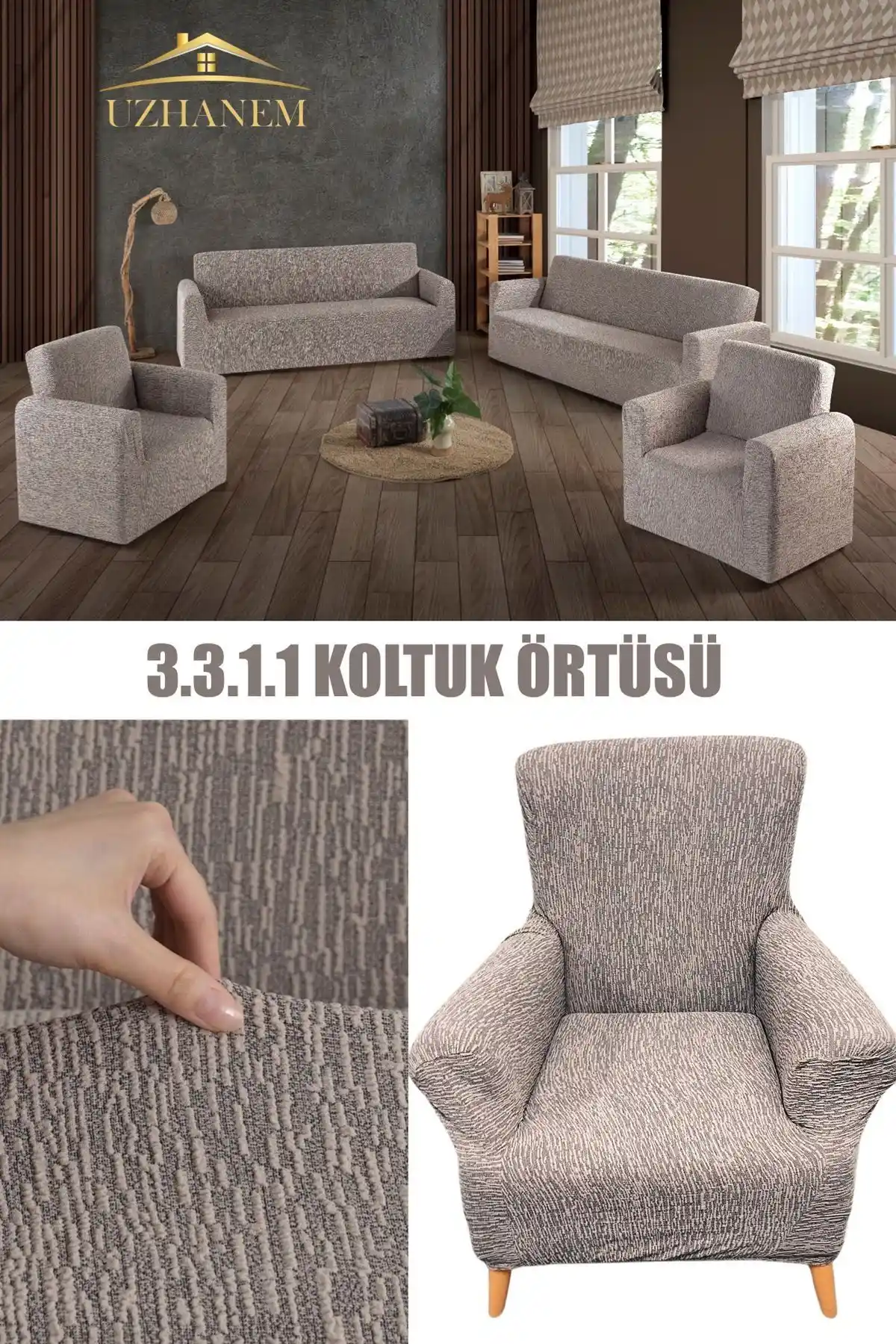 UzHanem Jakarlı Lastikli Esnek Pamuklu Koltuk Örtüsü Takımı 195x230 cm