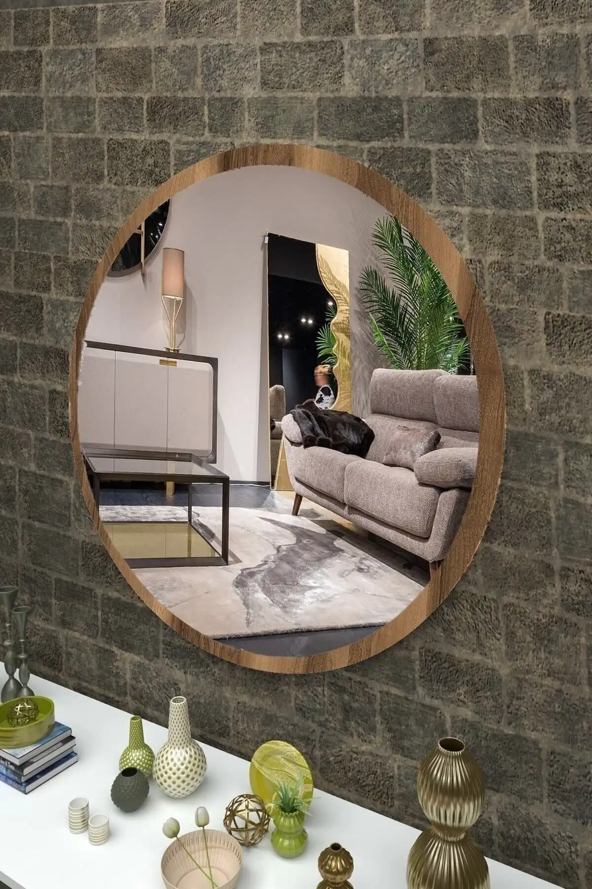 Rose Tasarım Ceviz Ahşap Dekoratif Yuvarlak Ayna ile Modern Ev Dekorasyonu