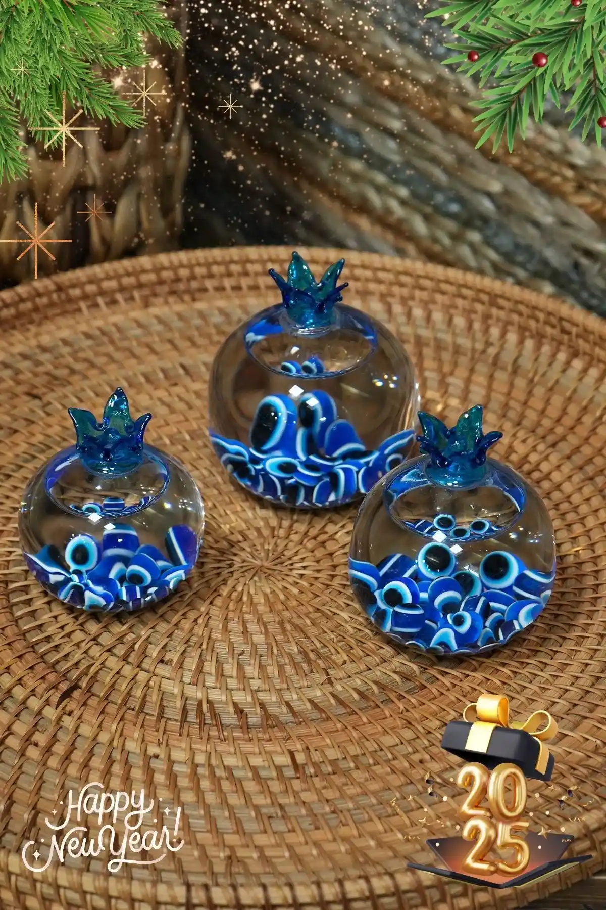 Yılbaşı Süsü Nazar Boncuğu Cam Nar Seti ile Evinize Zarafet Katın