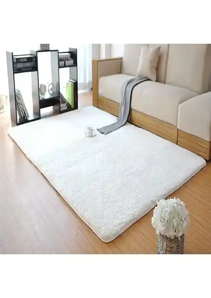 Balat Halı Beyaz Uzun Tüylü Peluş Yolluk Halı 80x100 cm - Dayanıklı ve Konforlu