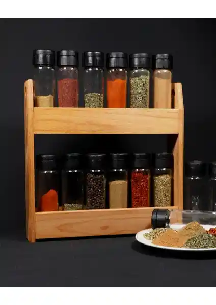 Chef Taste Cansas 12'li Baharatlık Takımı: Cam Şişeler ve Ahşap Stand ile Mutfak Düzeni