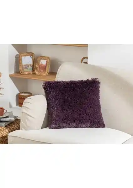 English Home Fluffy Peluş Kırlent Kılıfı 45x45 cm Mürdüm Renkli Konforlu Tasarım