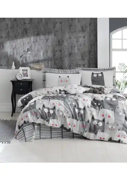 Enlora Home Mature Çift Kişilik Nevresim Seti Duvarda Kediler Desenli, %65 Pamuklu