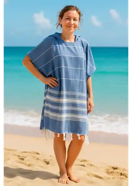 Formeya %100 Pamuklu Yetişkin Peştemal Panço Bornoz Mavi - Konforlu Plaj ve Banyo Kullanımı