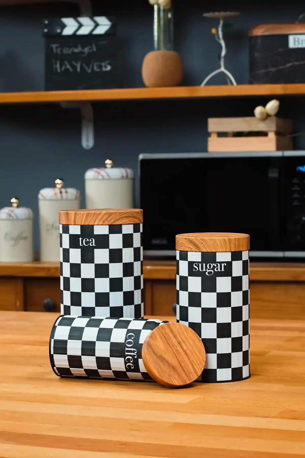 Hayveys 3'lü Dama Desenli Metal Saklama Kabı Seti – Çay, Kahve ve Şeker İçin Şık ve Dayanıklı