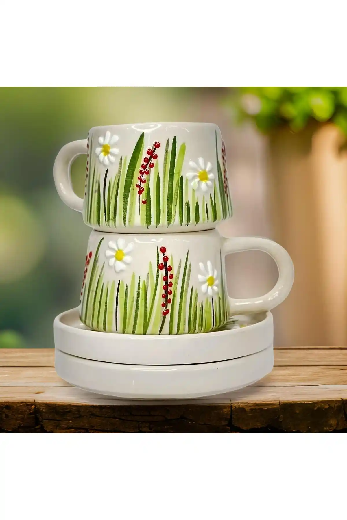 İlbay Çini Takı Beyaz Papatya Kupa Bardak 2’li Set – Geleneksel Çini Sanatı ve Fonksiyonellik