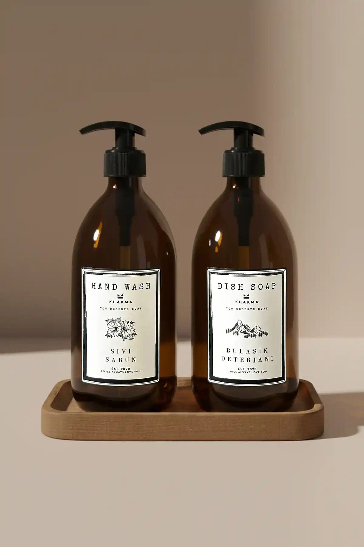 KHAKMA 2'li Cam Bulaşık Deterjanı ve Sıvı Sabun Şişesi Seti 500ml Köşeli Standlı