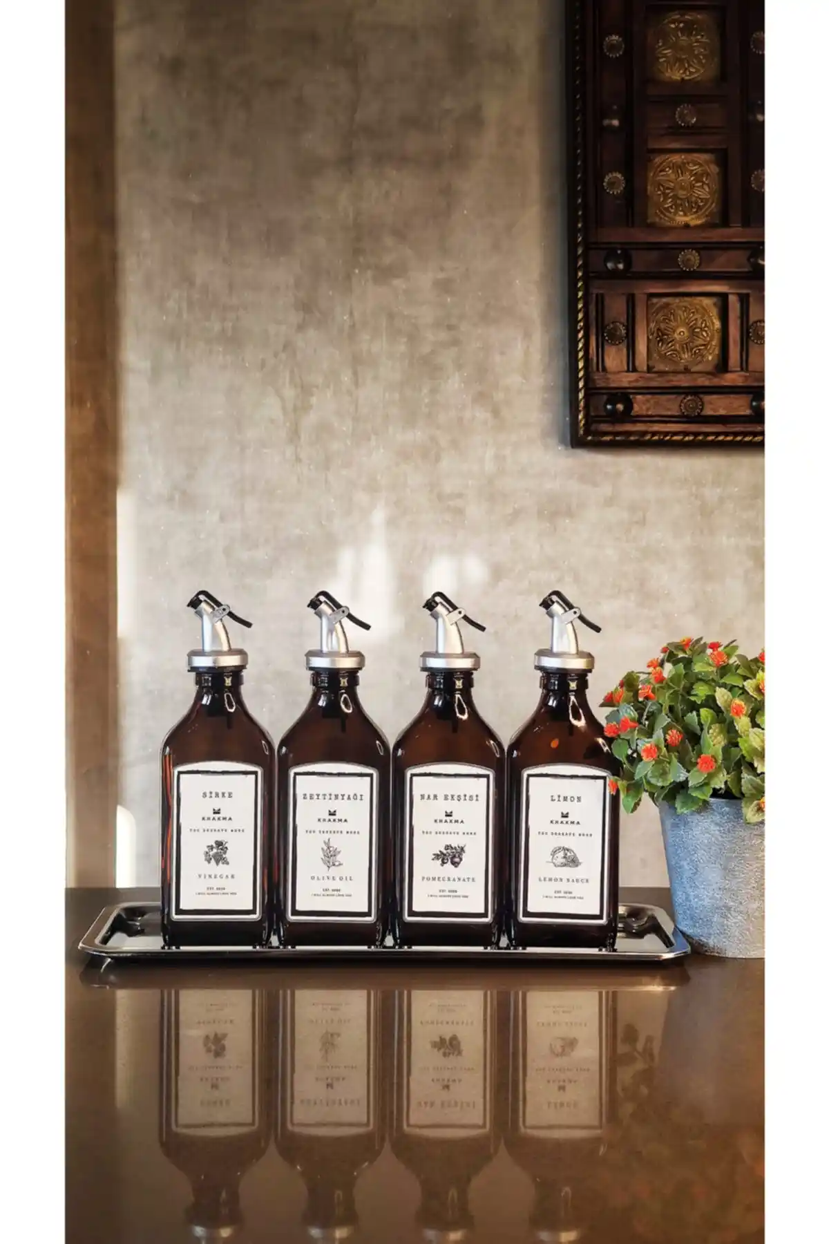 KHAKMA Stantlı Amber 4'lü 250 ml Yağdanlık Seti ile Mutfakta Şıklık ve Pratiklik