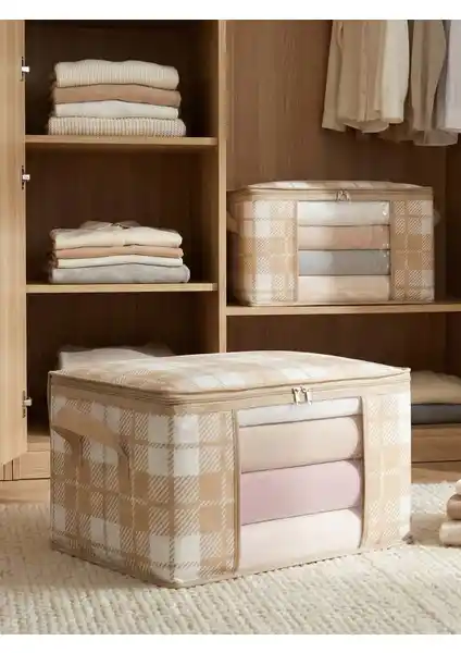 Nacarev 2'li Küçük Boy Pencereli Ekose Bej Düzenleyici Hurç Seti - Dayanıklı ve Pratik Saklama Çözümü