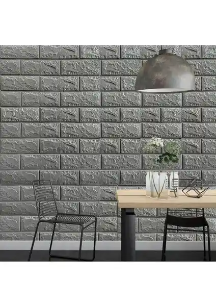 Renkli Duvarlar 50x54 cm Gri Silinebilir Kendinden Yapışkanlı 3D Tuğla Desenli Duvar Kağıdı